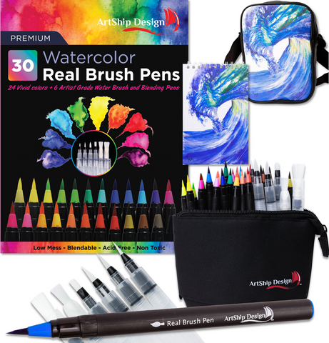 Gift Pack 30 Watercolor Brush Pens with Bags and Pad